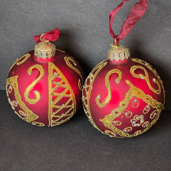 Frontgate Red Glass Christmas Ornaments Set Of 2 Gold Jeweled Scroll Design 4" - Picture 1 of 7